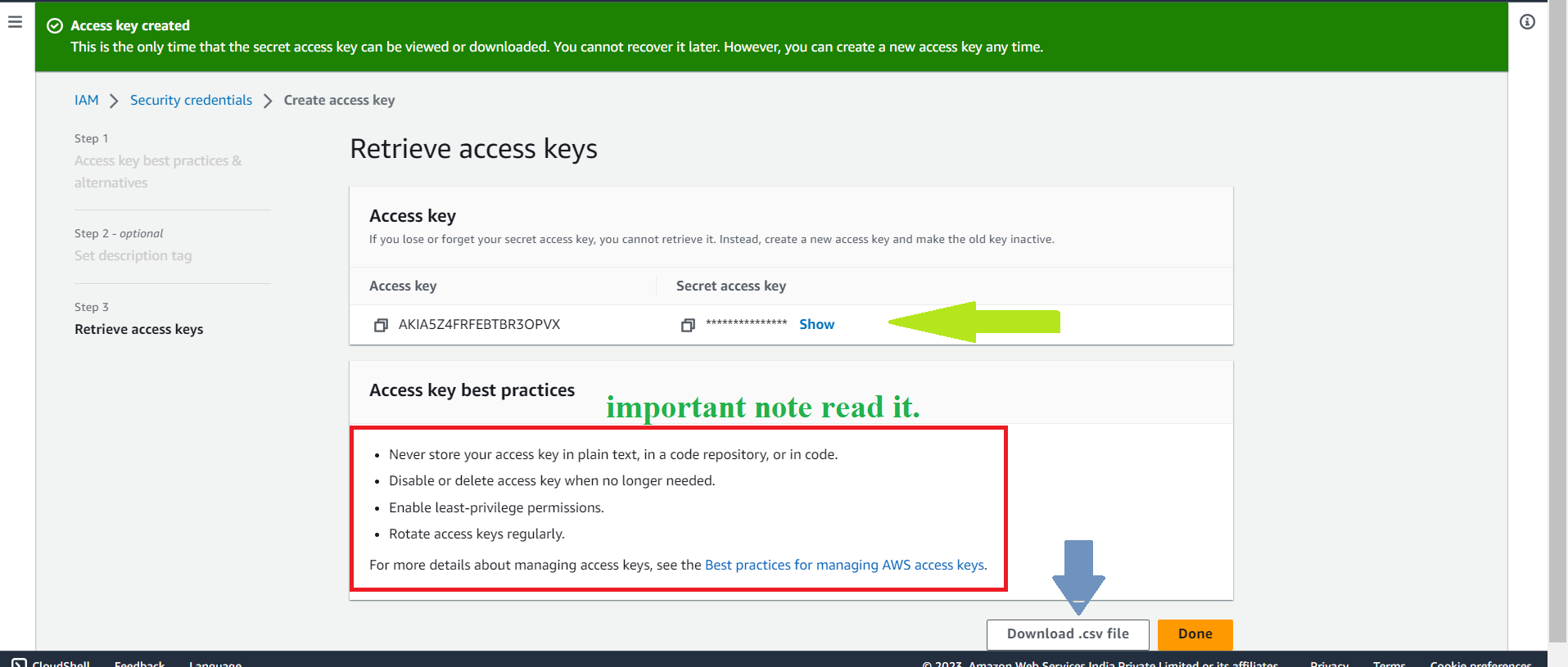 Note Down Access Key and Secret Key